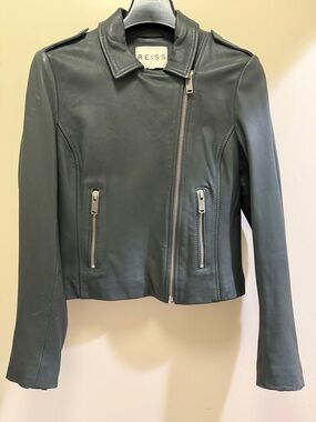 REISS Dark Green Moss Leather Asymmetric Moto Jacket Size M